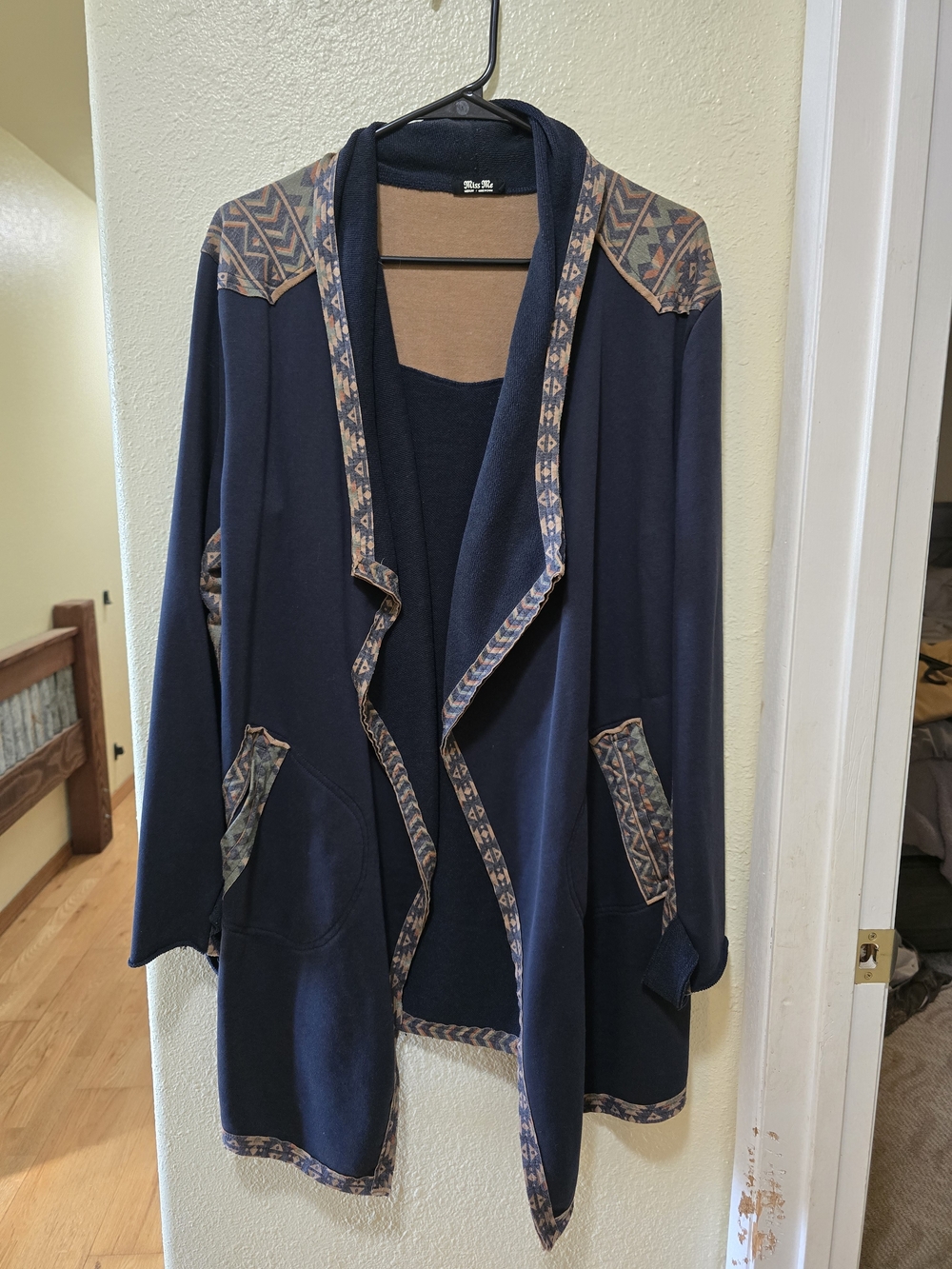 Miss Me Navy Open-Front Women's Sweater Cardigan with Pattern Trim